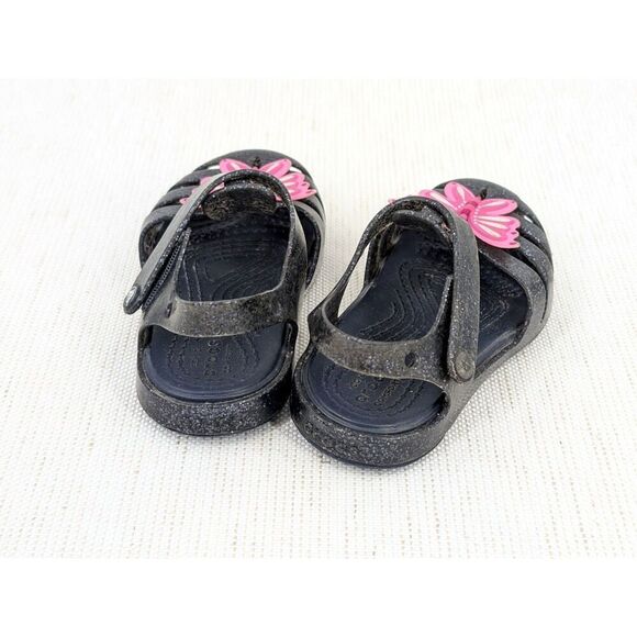 Crocs Sandals Toddler Girl C 6 Black Glitter Pink Butterfly Mary Jane - Picture 7 of 15